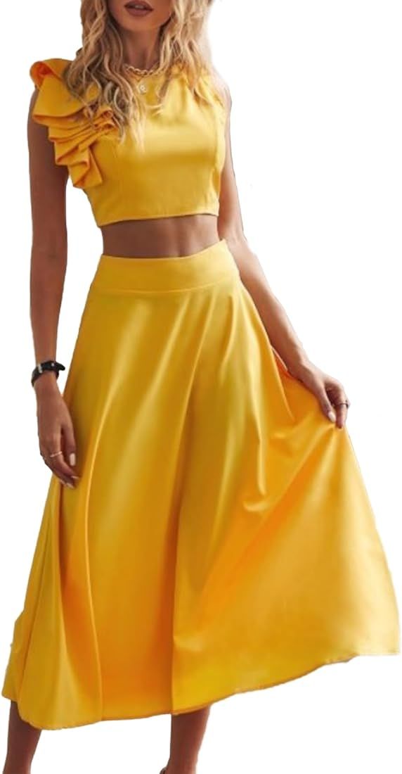 LYANER Women's 2 Piece Outfits Crewneck Ruffle Trim Sleeveless Crop Top and Swing Midi Skirt Set | Amazon (US)