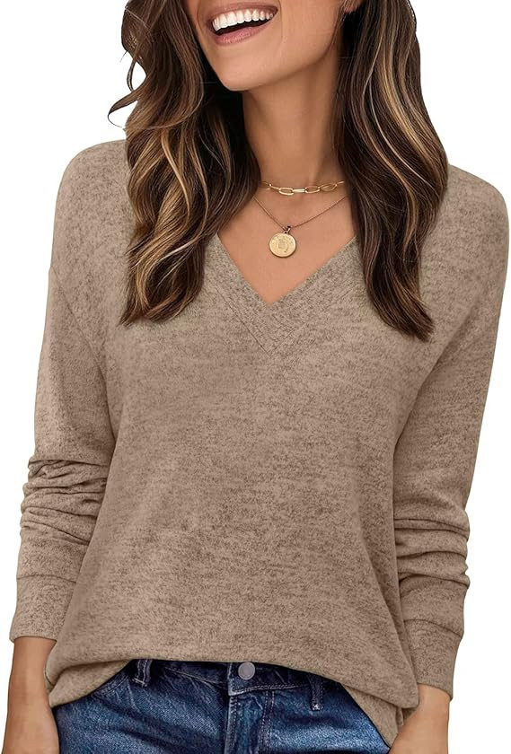 JUSTFASHIONNOW Long Sleeve Shirts for Women V Neck Tops Tunic Dressy Casual Blouses Comfy Tee Wom... | Amazon (US)