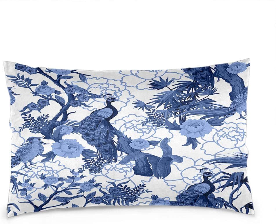 Wozukia Birds and Peonies in Blue Color Pillow Covers Abstract Pattern in Chinoiserie Style with ... | Amazon (US)