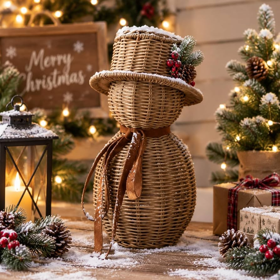 Thiccywoov 12" Rattan Snowman with Bow, Christmas Table Decorations | Amazon (US)