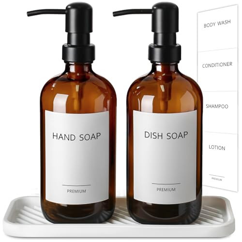 GMISUN Kitchen Soap Dispenser Set with Tray, 2 Pack 17 Fl Oz Hand and Dish Soap Dispenser Set, Amber Glass Bathroom Soap and Lotion Dispensers with Stainless Steel Pump, Liquid Soap Pump Bottle | Amazon (US)