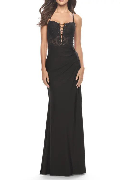 La Femme Lace Bodice with Tie Up Deep V Neckline Jersey Dress in Black at Nordstrom, Size 0 | Nordstrom