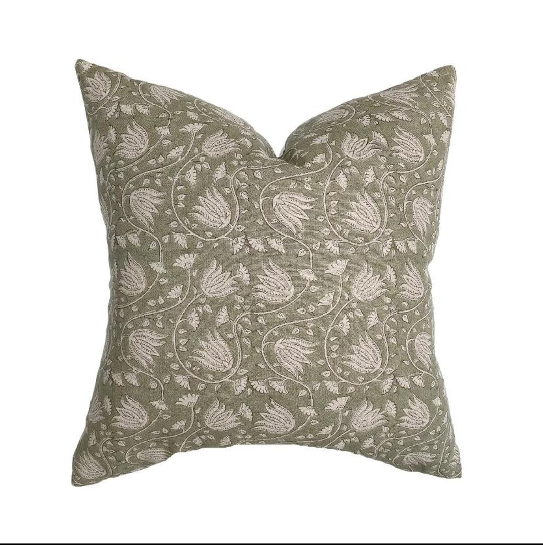June | Sage Floral Handblock Linen Pillow Cover | Neutral Soft Green Flax Designer Fabric | Neutr... | Etsy (US)