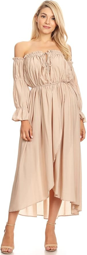 Anna-Kaci Womens Casual Boho Long Sleeve Off Shoulder Renaissance Peasant Dress | Amazon (US)