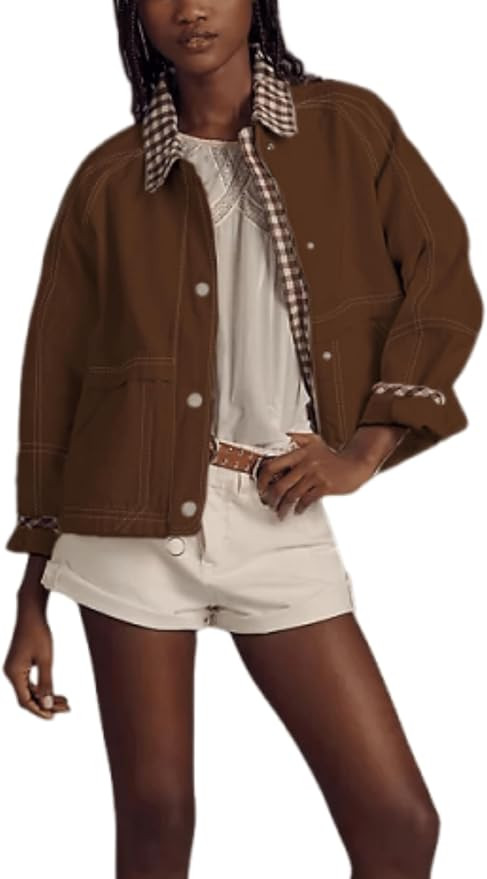 Aimiray Women's Oversized Plaid Jacket Lapel Button Down Casual Shacket Coats with Side Pockets | Amazon (US)