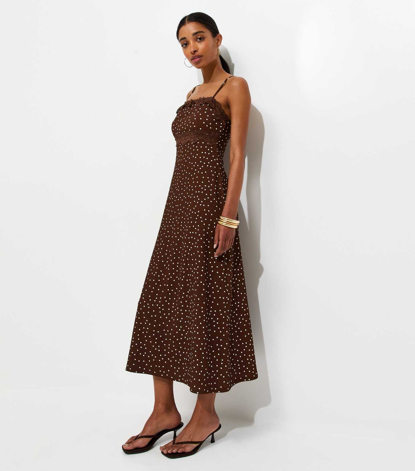 Brown Crinkle Texture Polka Dot Lace Trim Strappy Midi Dress | New Look | New Look (UK)