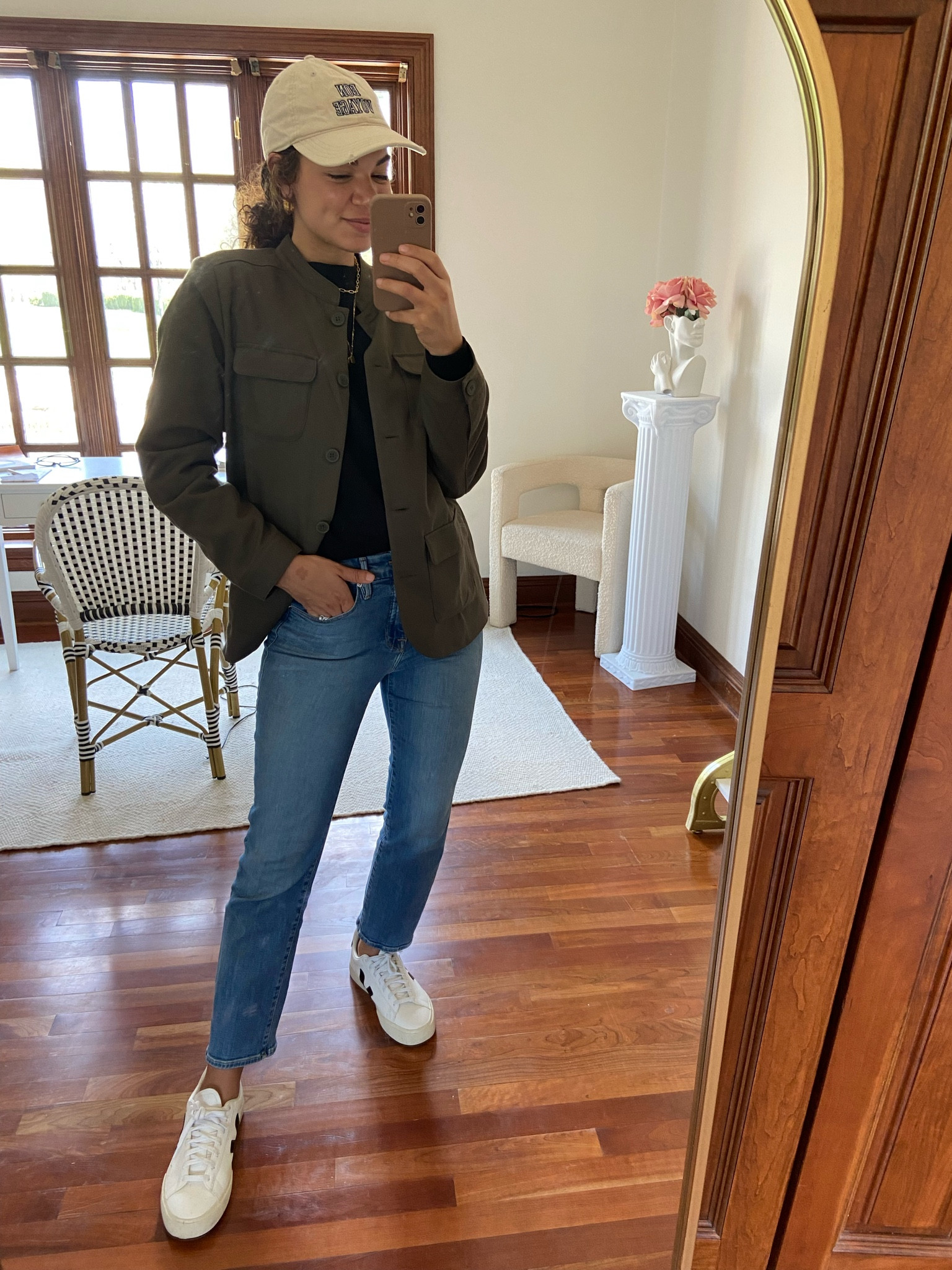 Today’s “momiform” look for a cool spring day. Jeans, white sneakers, black sweatshirt, and green utility jacket. 

#LTKfit #LTKstyletip