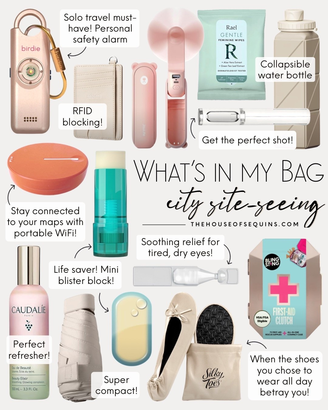 Shop what’s in my bag daily essentials for tourist site seeing! Travel essentials, personal safety alarm, first aid kit, portable water bottle, beauty favorites, blister stick, foldable flats, portable fan and more! 

#LTKTravel #LTKFindsUnder50 #LTKSaleAlert