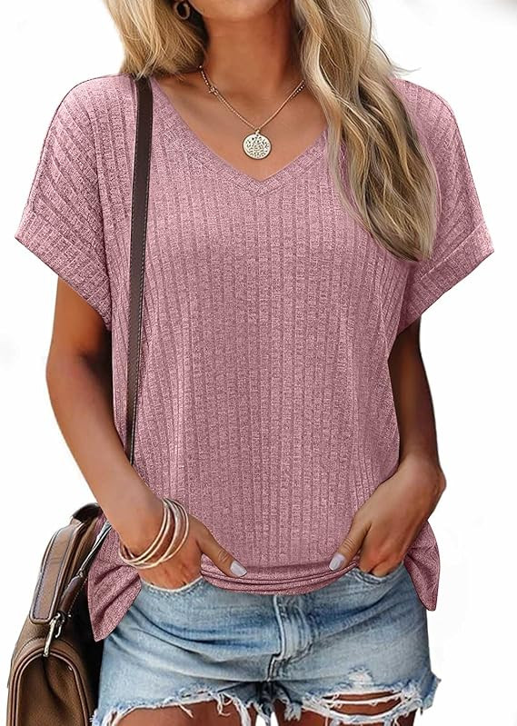 JUSTFASHIONNOW Summer Tops for Women 2026 V Neck Short Sleeve Shirts Dressy Casual Blouses Trendy... | Amazon (US)