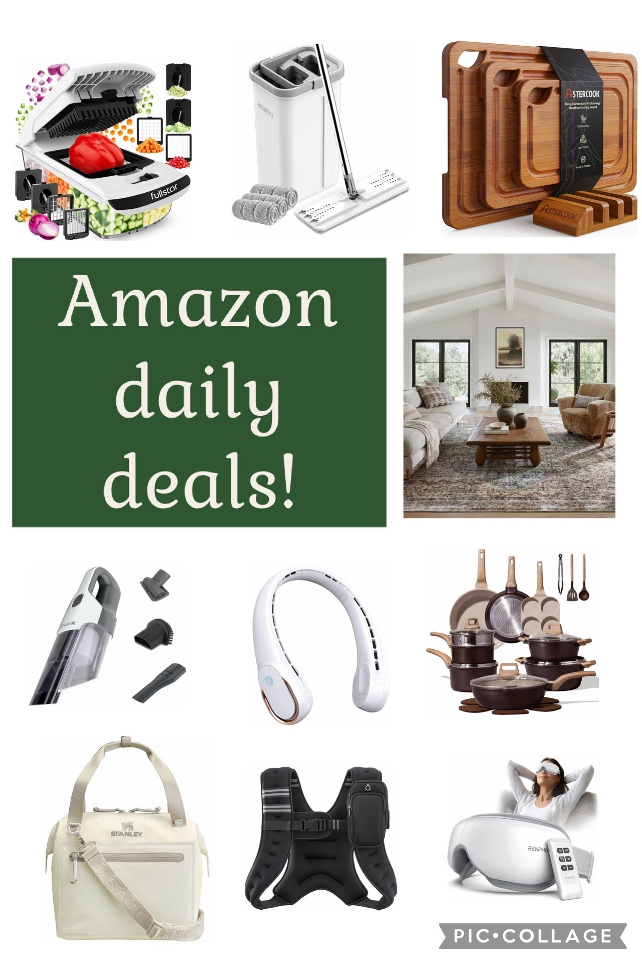 Amazon daily deals! 

Neck fan portable car vacuum pots pans kitchen cooking cookware mop vegetable slicer cutting board weighted vest workout walking running cooler bag  eye massager 

#LTKHome #LTKdayinmylife #LTKSaleAlert