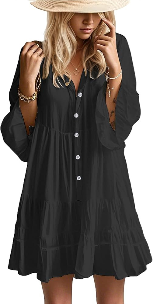 Opemiby Summer Dresses for Women 2026 Flowy Ruffle 3/4 Bell Sleeve V Neck Tiered Casual Babydoll ... | Amazon (US)