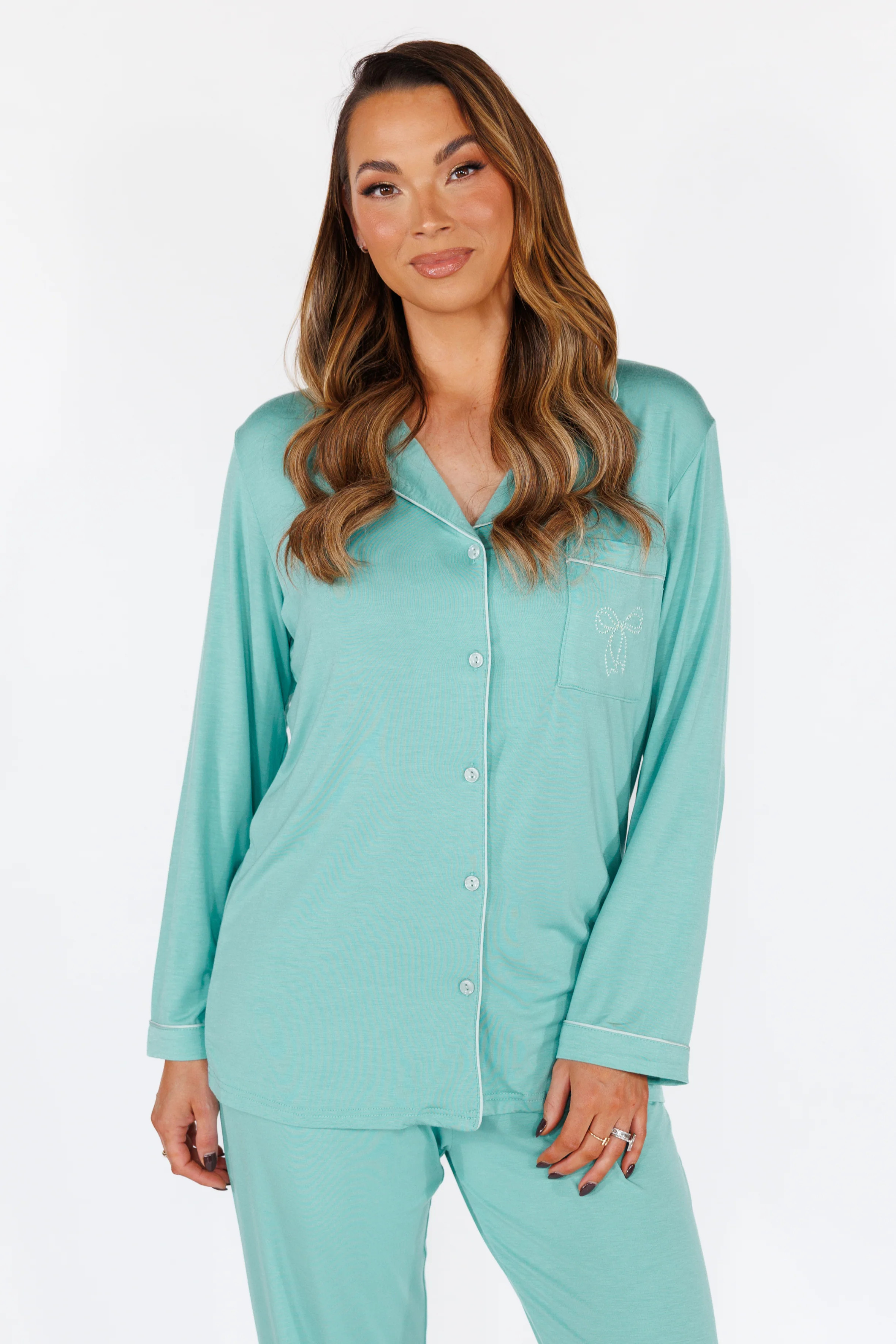 Winter Green with Embroidered Bow Long Sleeve & Pant Pajama Set | In My Sundays