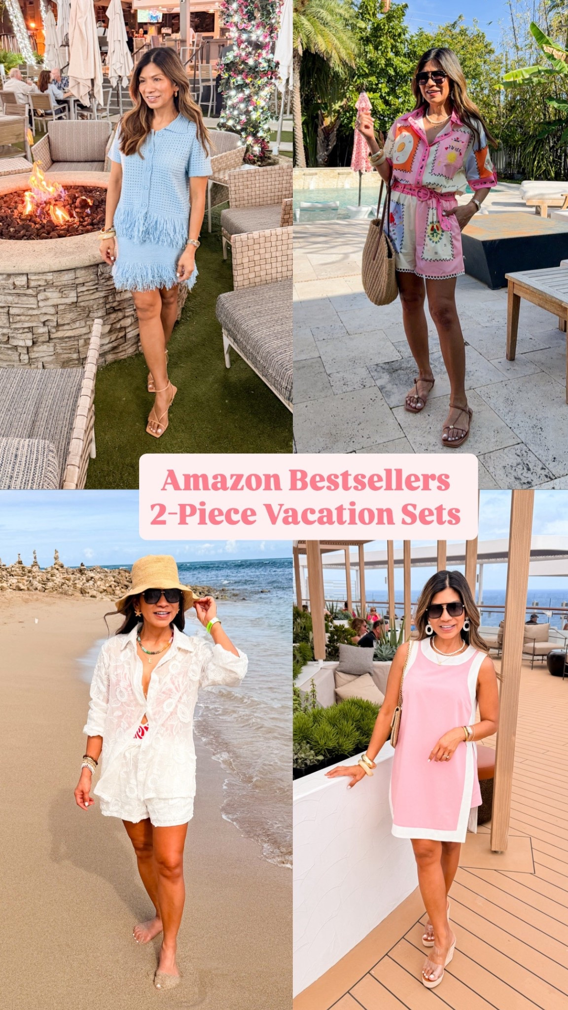 I’m 5’2” 118#ish for reference 
Wearing small in all these vacation sets tts.
All sandals tts.
Wore these to our recent cruise  vacation.
Cruise outfits, vacation outfits, resort wear, Amazon finds, over 50 style, midlife fashion, petite fashion,affordable fashion, fashion over40 