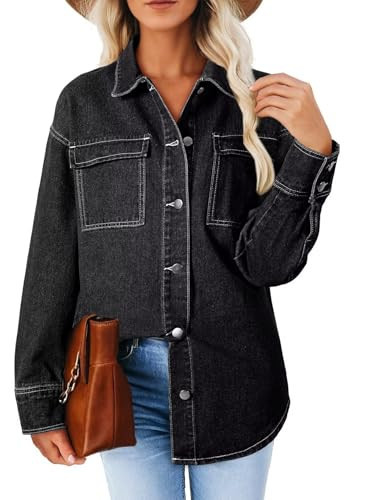 Astylish Ladies Denim Button-Down Jacket Shirt Winter Long Sleeve Dressy Business Work Fashion Fall Outfit Black Small | Amazon (US)