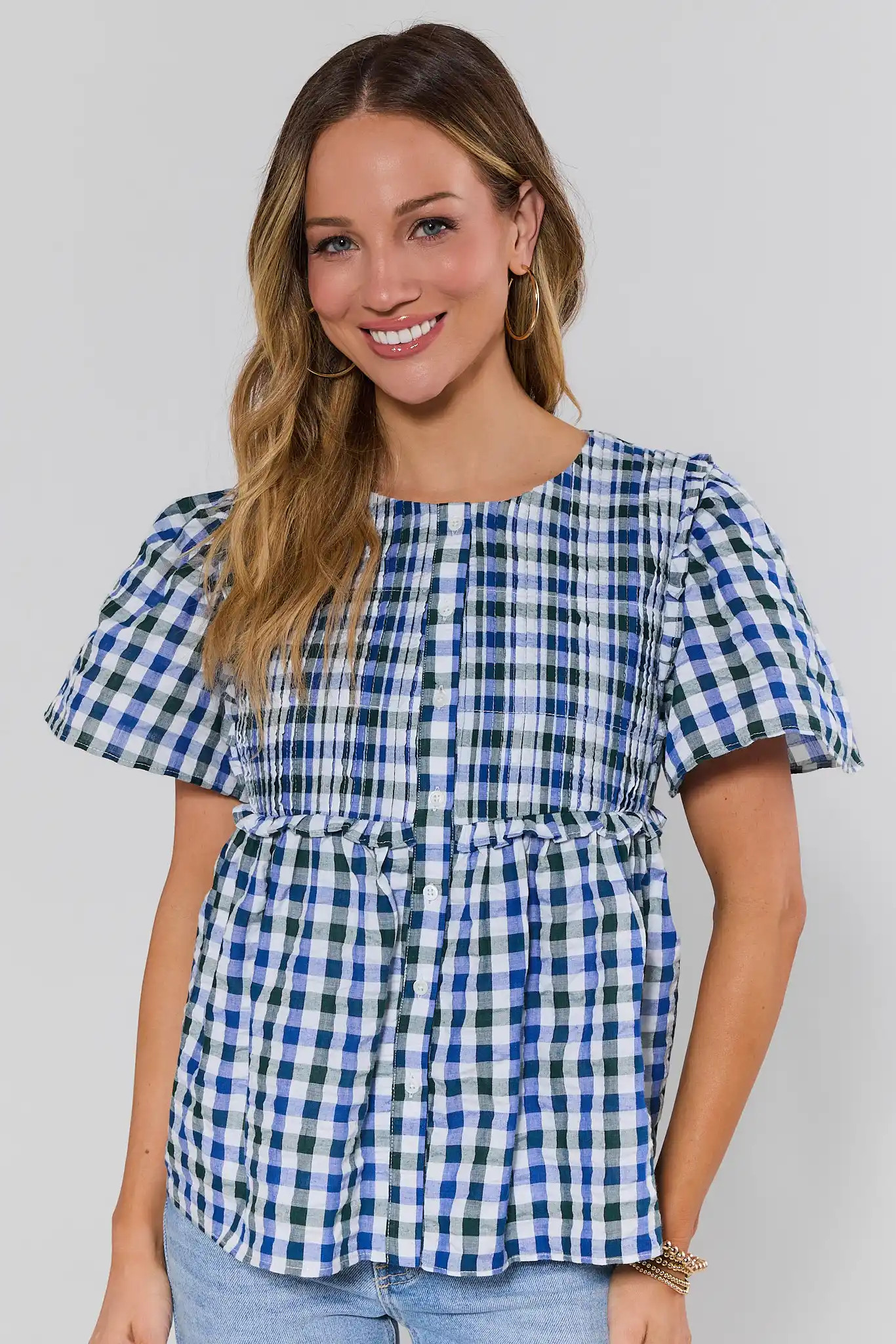 Libby Navy Gingham Pleated Peplum Top | Avara