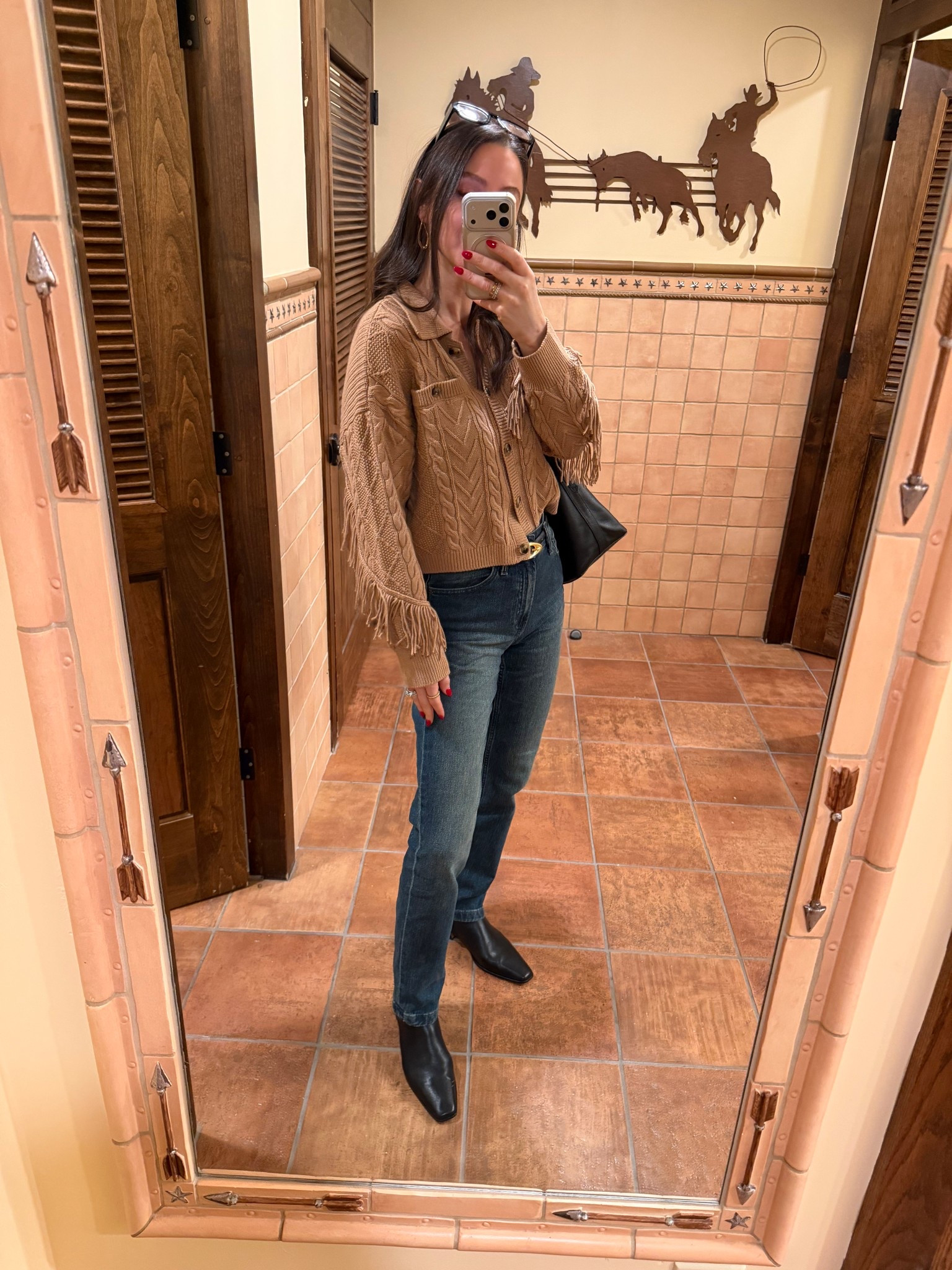 Go true to size or size down in the sweater. Even on back order so worth the wait! 
Jeans true to size
Boots size up half a size 

#LTKootd