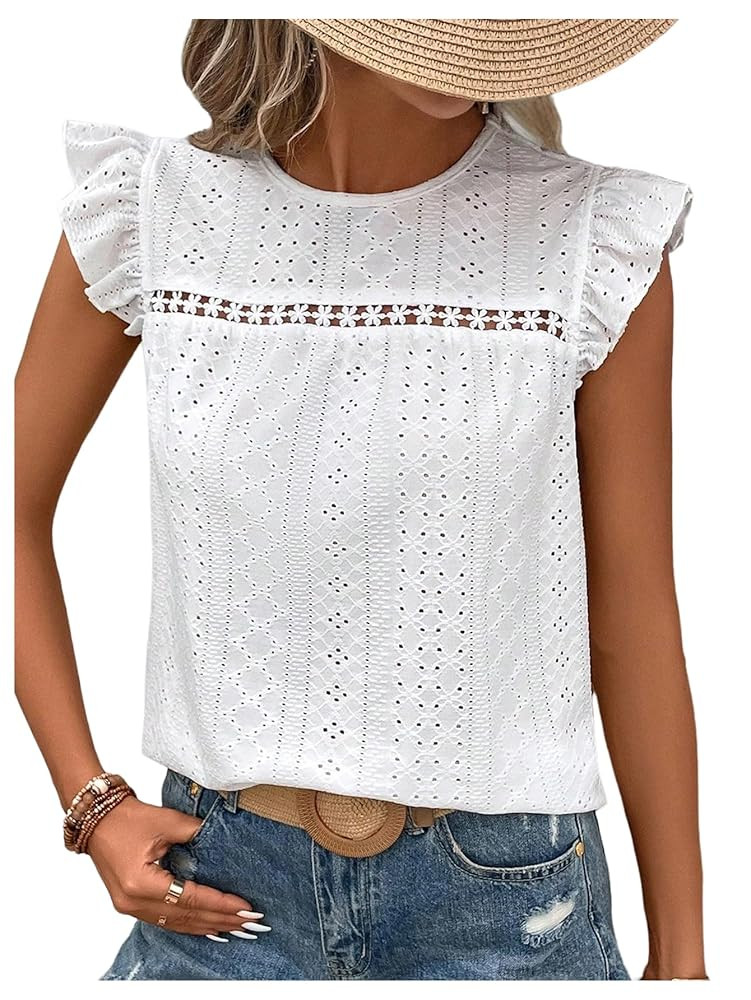Floerns Women's Eyelet Embroidery Ruffle Cap Sleeve T Shirt Crew Neck Vacation Elegant Tee Top | Amazon (US)