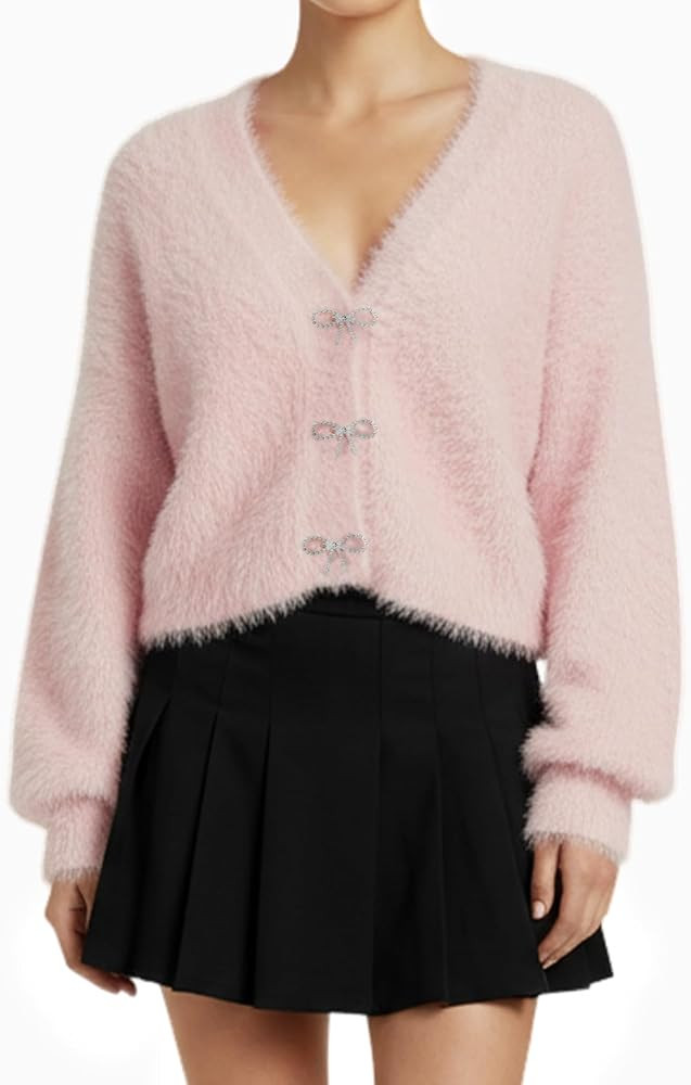 Yimoon Women's Fuzzy Cardigan Sweater Cropped Cardigans Bowknot Brooch Button Knit Sweaters V Nec... | Amazon (US)