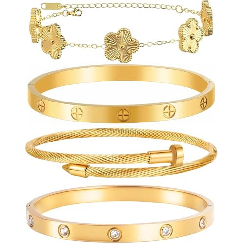 Ntutrxk Gold Bracelets for Women-4Sets,18K Gold Plated Bracelet,Stainless Steel Bangle Bracelets Non Tarnish, Gold Bracelet Set Trendy Jewelry,Christmas Valentines Birthday Gifts for Girlfriend-Gold | Amazon (US)