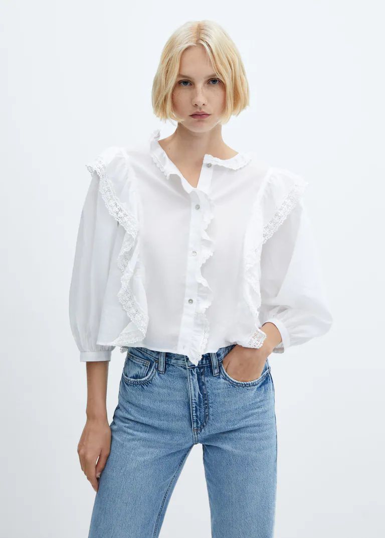Cotton ruffled lace blouse -  Women | Mango USA | MANGO (US)