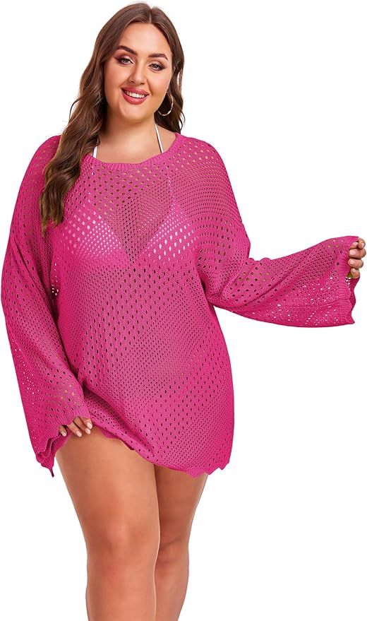 AOVDE Womens Crochet Coverup for Women Plus Size Hollow Out Bikini Swimsuit Cover Ups Long Sleeve... | Amazon (US)