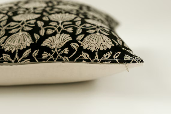 Black floral pillow, black block print pillow, dark pillow cover, floral pillow cover, block prin... | Etsy (US)
