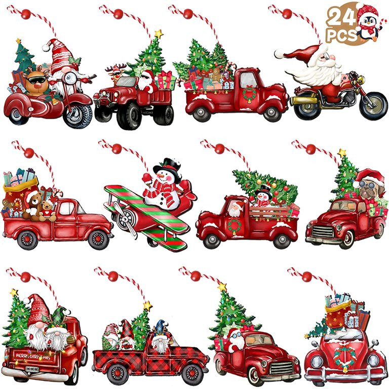 24 Pieces Wooden Christmas Truck Ornaments Red Truck Wooden Hanging Ornaments Wooden Car Crafts w... | Walmart (US)