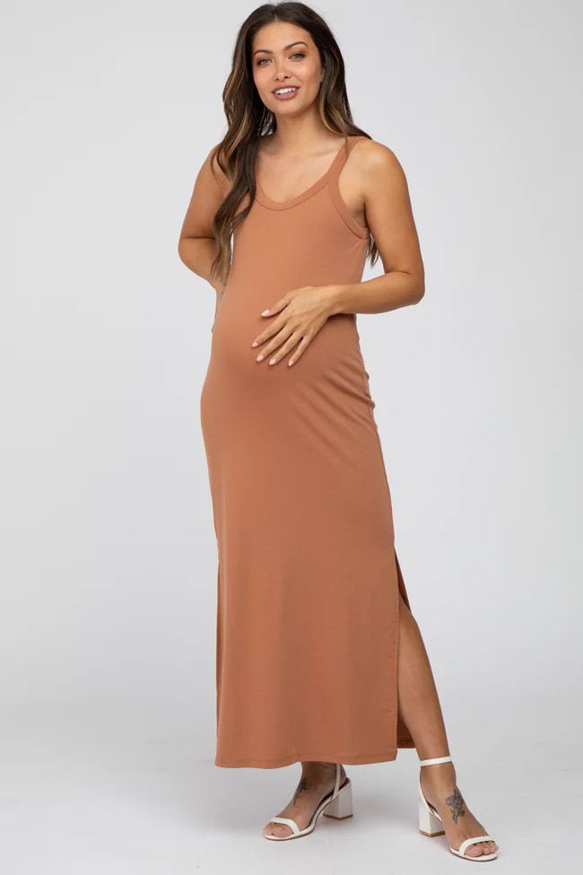 Camel Sleeveless Side Slit Maternity Maxi Dress | PinkBlush Maternity