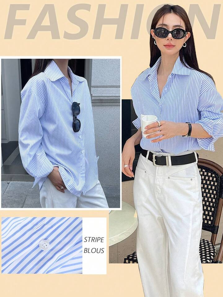 DAZY Camisa Informal De Rayas Holgada De Manga Larga Para Mujer, Casual De Negocios Para Otoño, Blusas De Manga Larga | SHEIN