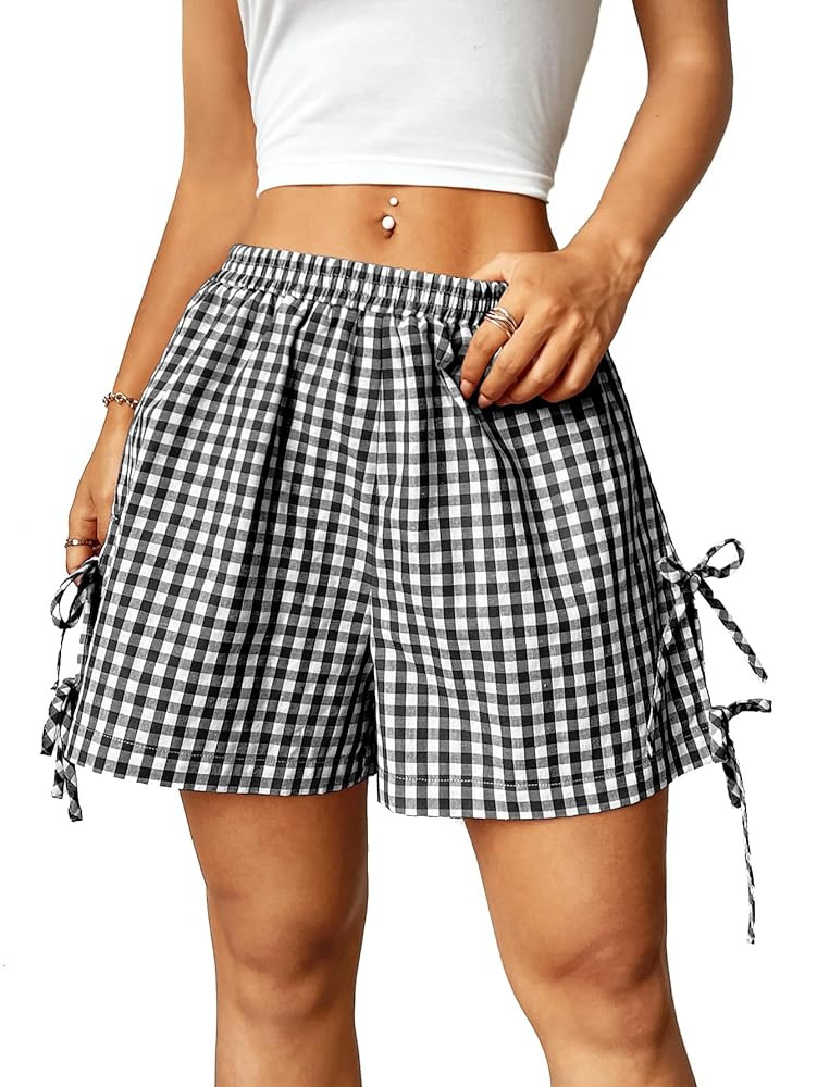Verdusa Women's Gingham Plaid Shorts Bow Tie Split Elastic Waist Y2k Wide Leg Shorts | Amazon (US)