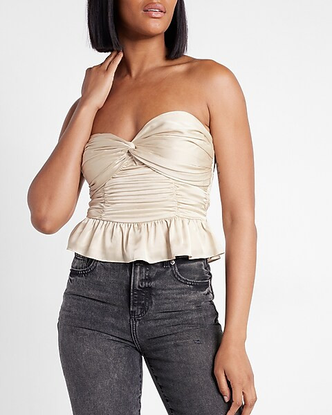 Conscious Edit Satin Twist Front Peplum Tube Top | Express