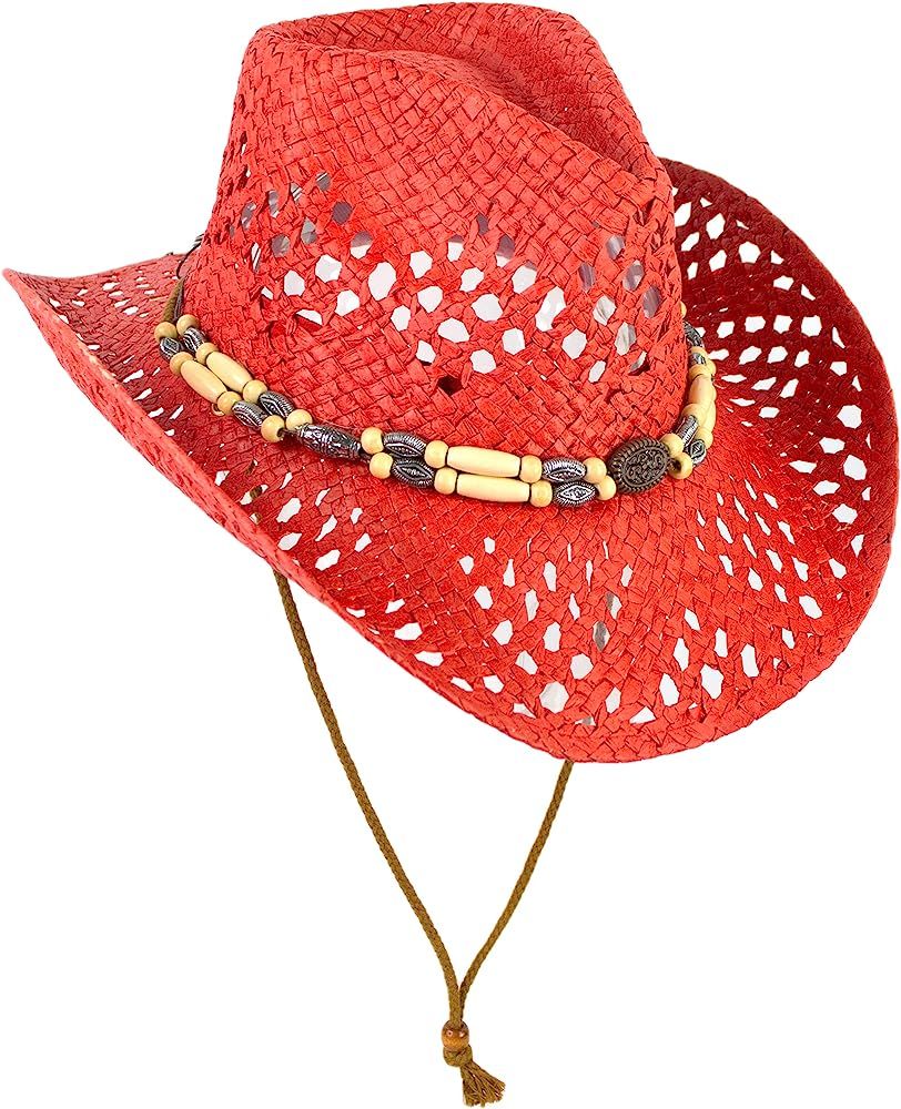 Cute Comfy Flex Fit Woven Beach Cowboy Hat, Western Cowgirl Hat with Wooden Beaded Hatband | Amazon (US)