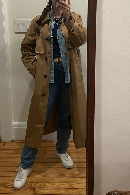 Trench coat outfit, denim on denim outfit, winter layering, white sneakers 