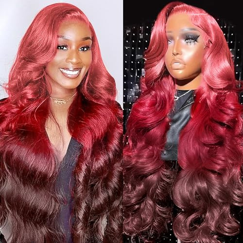 Hot Pink Ombre 13x4 HD Lace Front Wig Human Hair Body Wave 3 Tone Pink to Red Glueless Wigs Dark Burgundy Rainbow Colored Lace Frontal Wig 180% Density 24 Inch | Amazon (US)