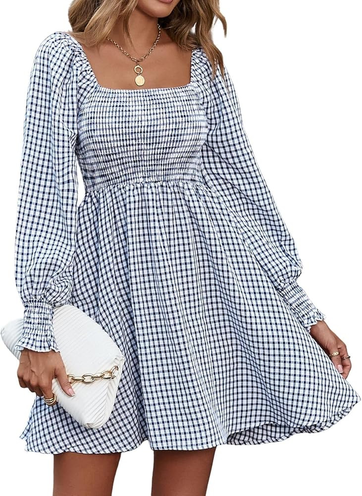 Dokuritu Women's Fall Long Sleeve Square Neck Teens Dresses Off Shoulder Cute Babydoll Short Dres... | Amazon (US)