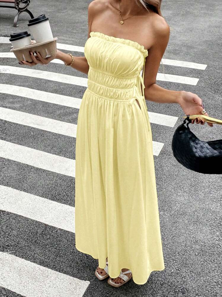 Siren Gaze Women's Solid Color Ruched Side-Tie Dress For Vacation,Butter Yellow | SHEIN