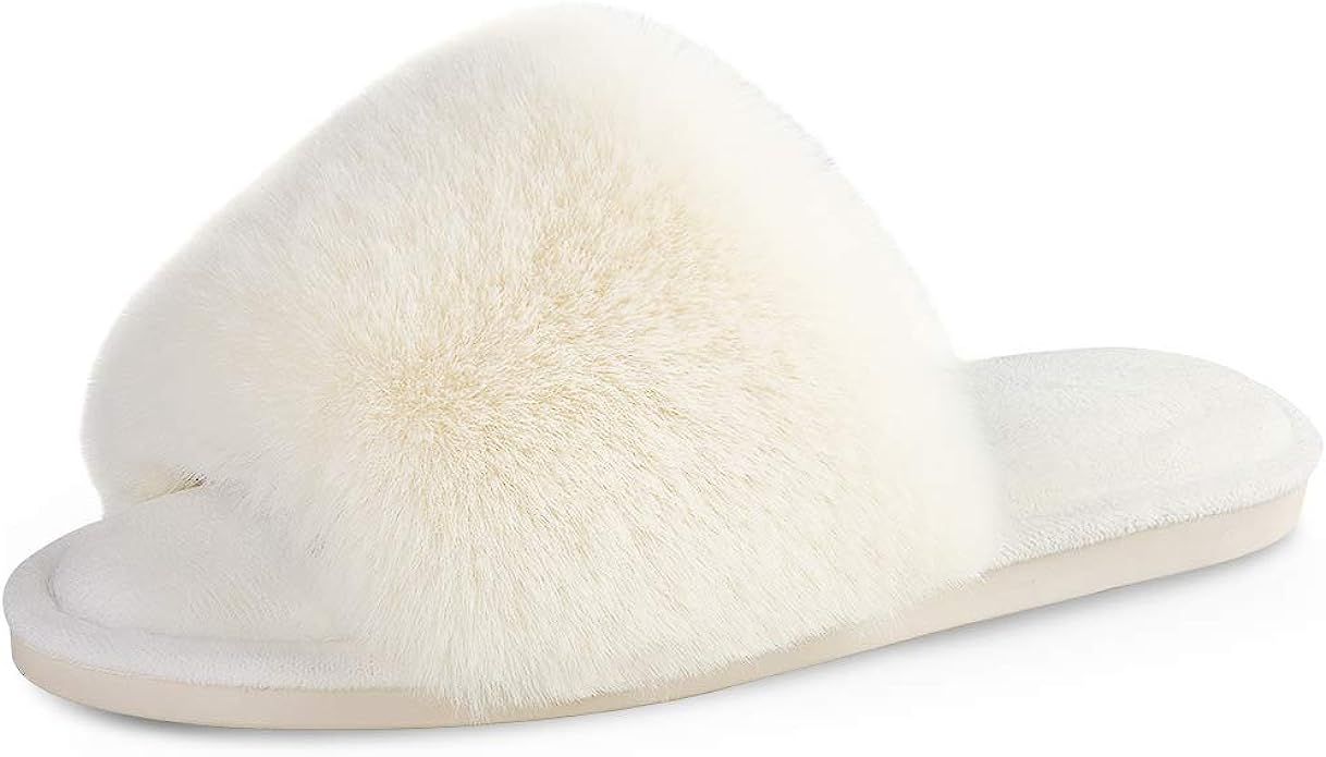 Women's Faux Fur Slippers Fuzzy Flat Spa Fluffy Open Toe House Shoes Indoor Outdoor Slip on Memor... | Amazon (UK)