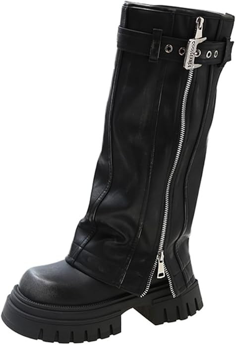 Women's Mid Calf Dress Boots Square Toe Side Zipper Motorcycle Riding Boot with Decorative Belt | Amazon (US)