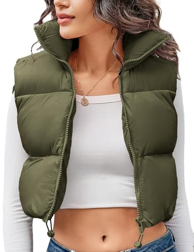 Kissonic Women's Cropped Puffer Vest Lightweight Fluffy Vest Sleeveless Warm Winter Outerwear(Army Green-M) | Amazon (US)