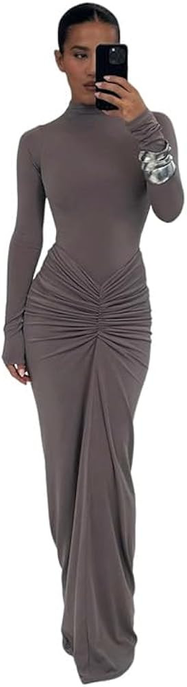 Womens Sexy Dress Maxi Dress Long Sleeve Ruched Bodycon Turtleneck Club Party Dress Long Casual W... | Amazon (US)