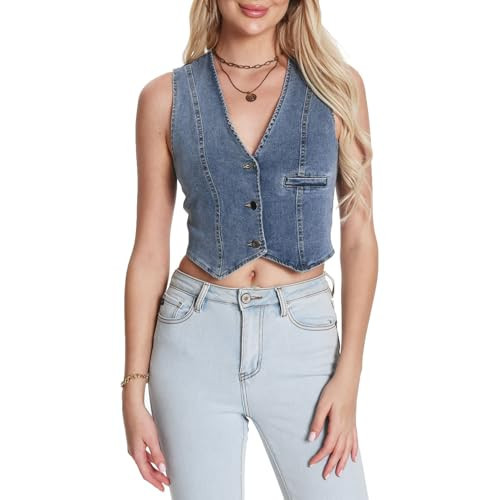 ruiweyike Denim Vest Jean Vest Top for Women Sleeveless V Neck Button Down Cropped Jean Top Fitted Waistcoat 2024 Blue | Amazon (US)