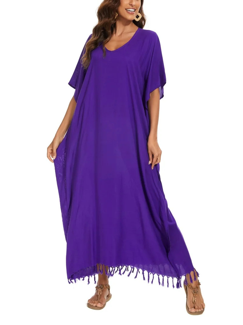 Beautybatik Purple Women Solid Caftan Kaftan Loungewear Maxi Plus Size Long Loose Dress 3X | Walmart (US)