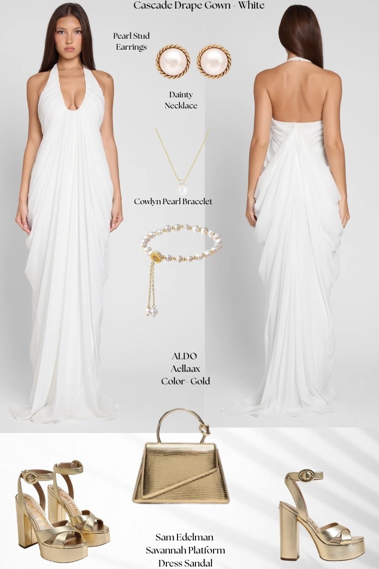 Beautiful white drape gown dress, pearl earrings, dainty pearl necklace, pearl bracelet, gold handbag, and gold platform dressy heels 💫 New Years ready!! 

#LTKBeauty #LTKootd #LTKSeasonal