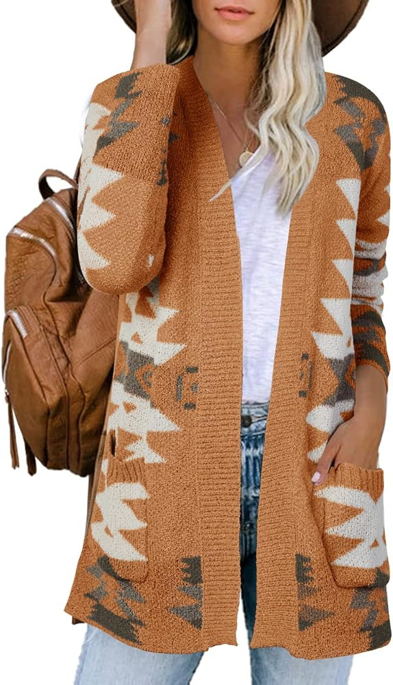 FERBIA Women Boho Cardigan Aztec Open Front Loose Slouchy Sweaters Tribal Long Sleeve Knitted Chr... | Amazon (US)