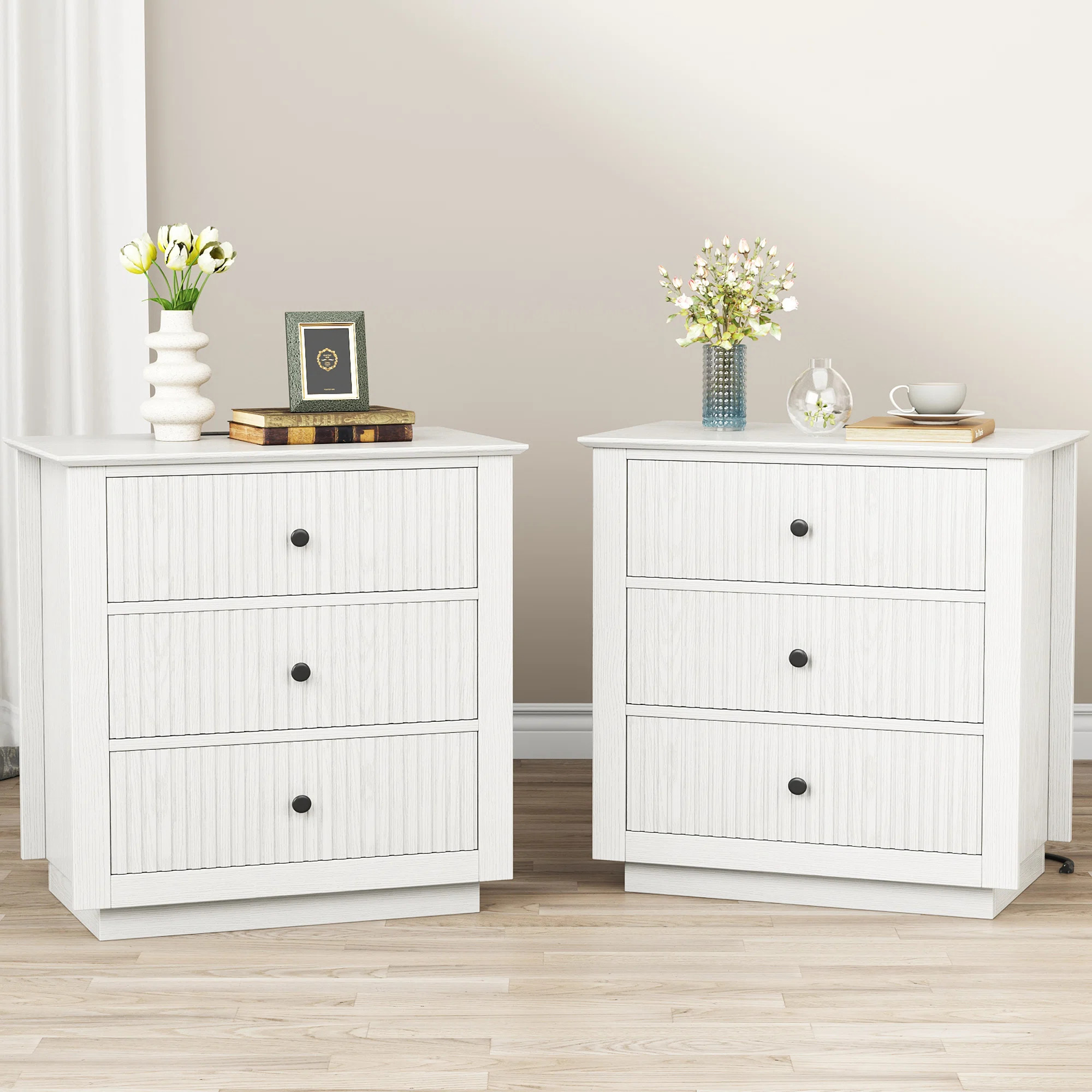 24" W x 26" H Solid Wood Nightstand With Built-in Outlets,3 Drawer Fluted Front  Bedside Table(Se... | Wayfair North America