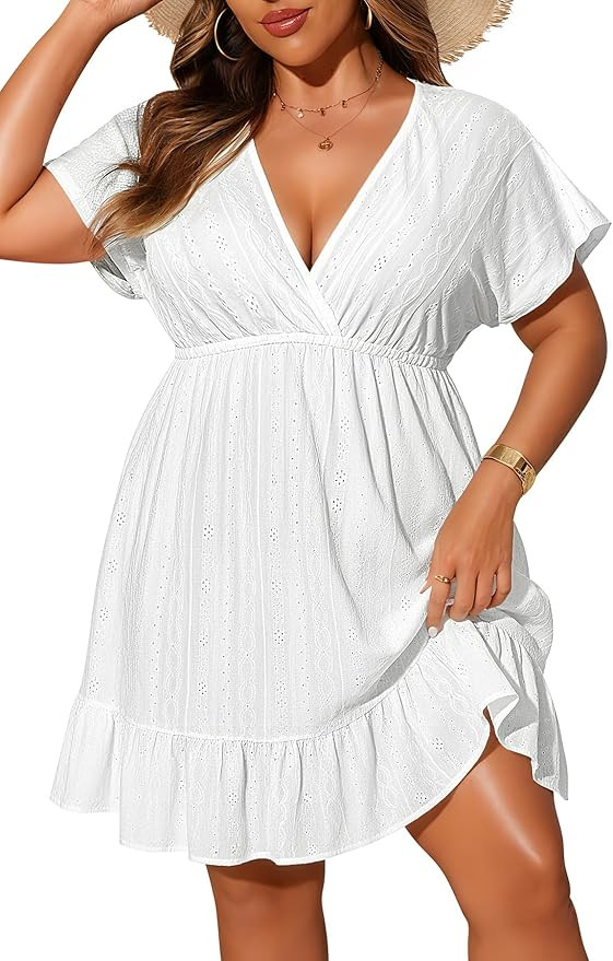 Yonique Plus Size Swimsuit Cover Up Women - V Neck Swimwear Short Sleeve Coverups Ruffle Hem Beac... | Amazon (US)