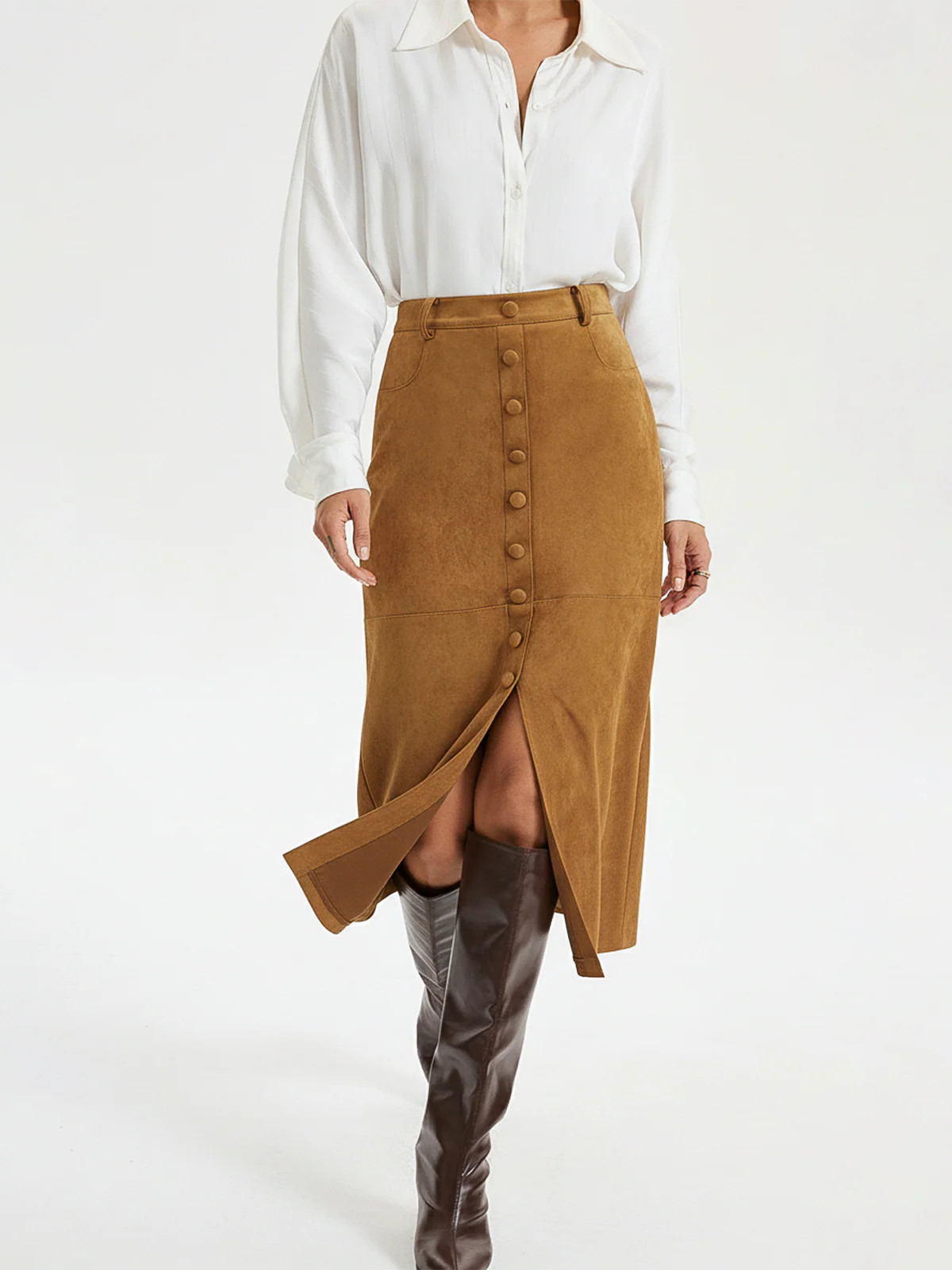 Decorative Button Suede Effect Slit Midi Skirt | Commense