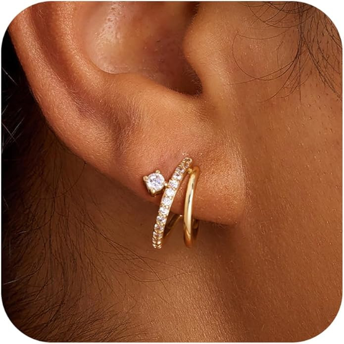 Hoop Earrings for Women 14K Gold Plated Triple Huggie Hoop Earrings Hypoallergenic Lightweight We... | Amazon (US)
