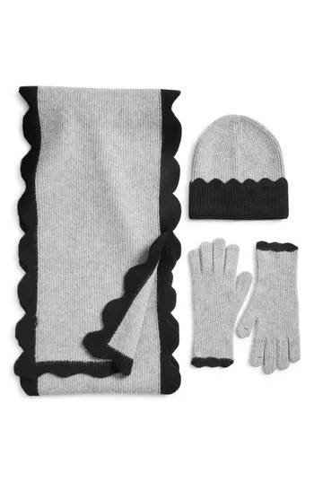 Treasure & Bond Scalloped Scarf, Beanie & Gloves Set in Grey- Black at Nordstrom Rack | Nordstrom Rack