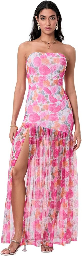 Women's Tube Top Dress Sexy Strapless Mesh Backless High Slit Long Dress Summer Party Ruched Body... | Amazon (US)